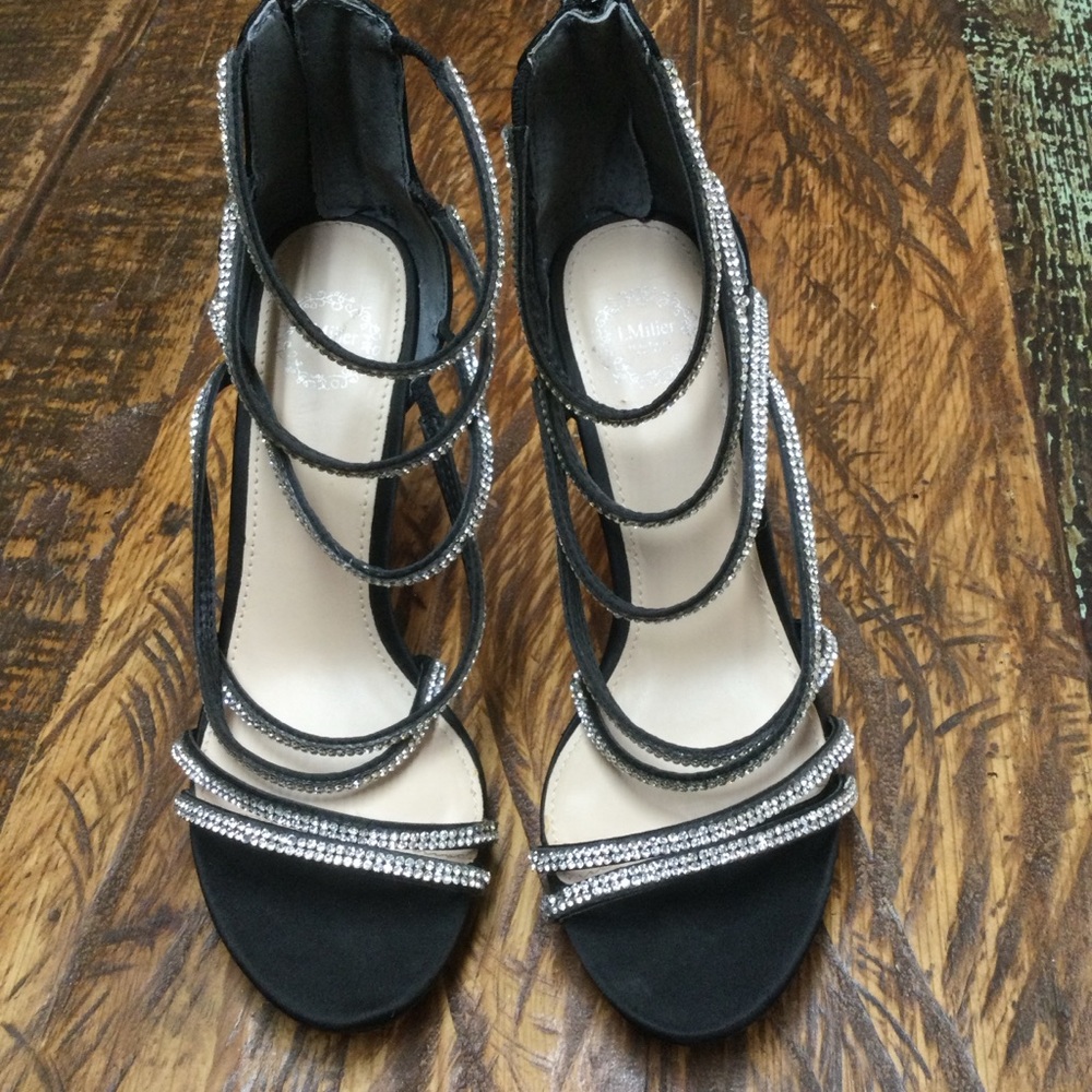 J. Miller Black Satin Rhinestone Embellished Strappy Stiletto Heels Size 7 - Picture 4 of 12